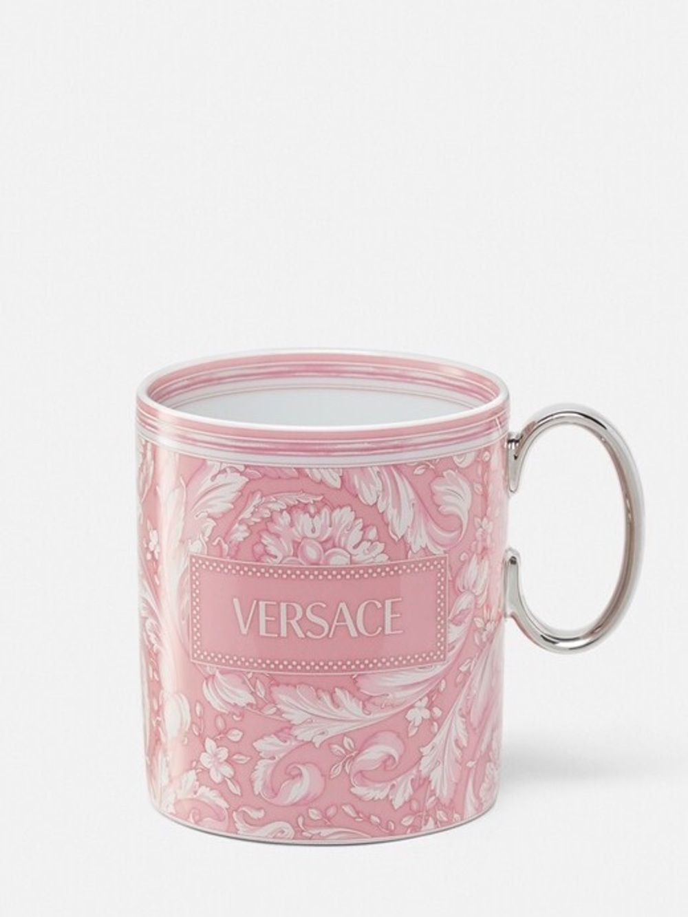 Versace Pink Barocco Porcelain Mug with Silver Handle
